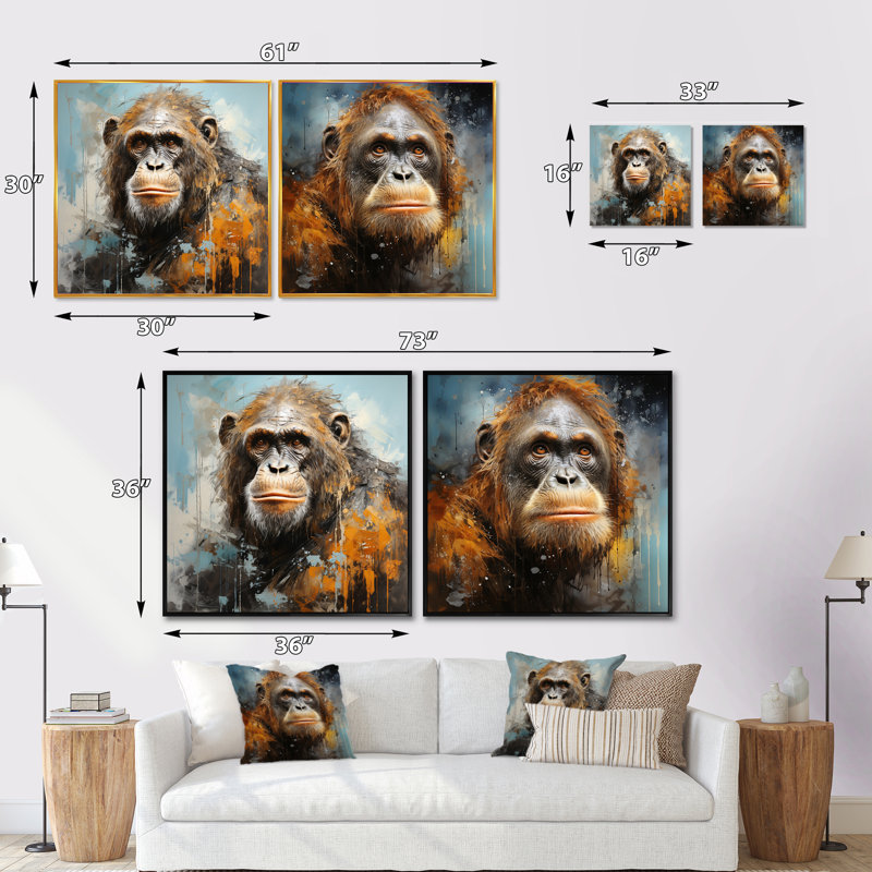 Orang-outan orang-outan, ensemble de 2 carrés orang-outan, Cadre flottant noir, H 16 po x l 33 po