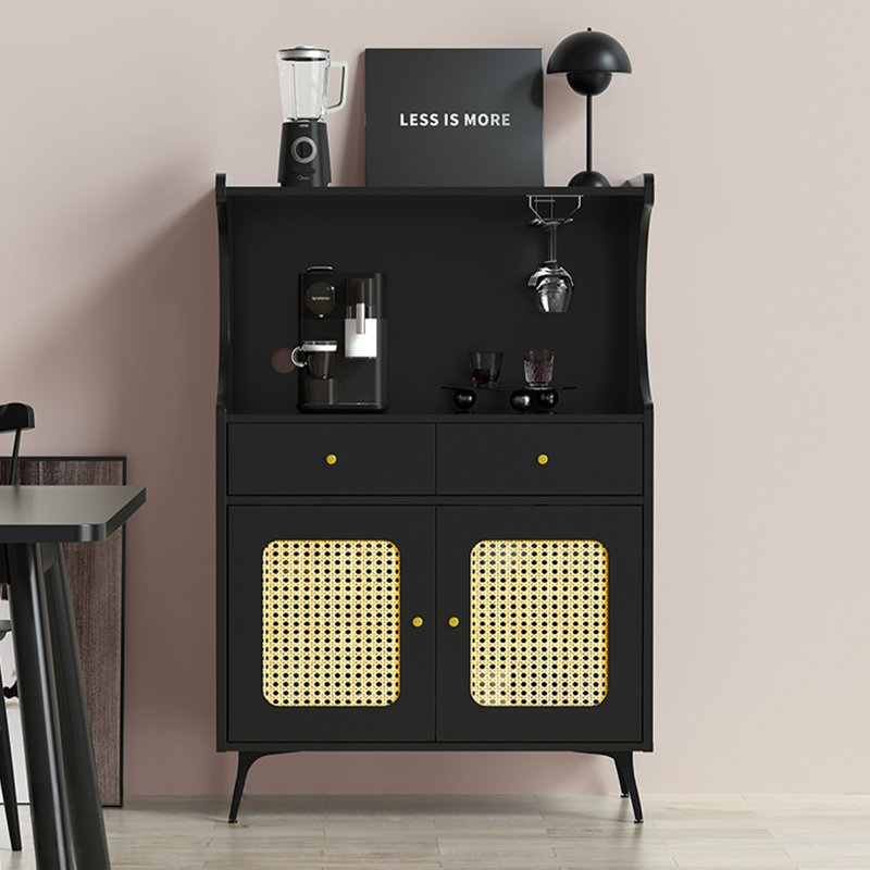 Buffet en bois manufacturé noir + rotin, H 47,24 po x l 29,53 po x P 15,75 po, Noir/naturel