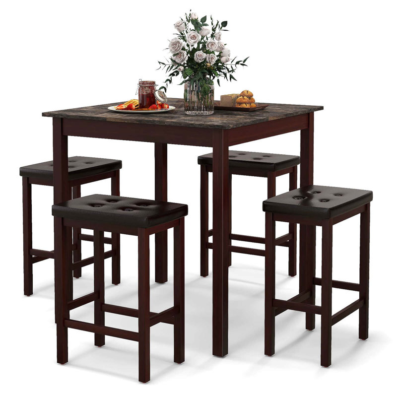 Ebern Designs 5 Pcs Bar Table Set Square Dining Table & 4 Pvc Leather Upholstered Bar Stools, Brown/Black