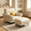 Creamy white Genuine Leather cushion Arm Chair with Ottoman