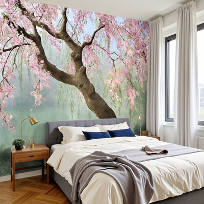 Papier peint adhésif auto-adhésif branches de saule à floraison, H 100 po x l 144 po, papier peint amovible en PVC, peinture murale auto-adhésive, décoration pour le salon de la chambre à coucher