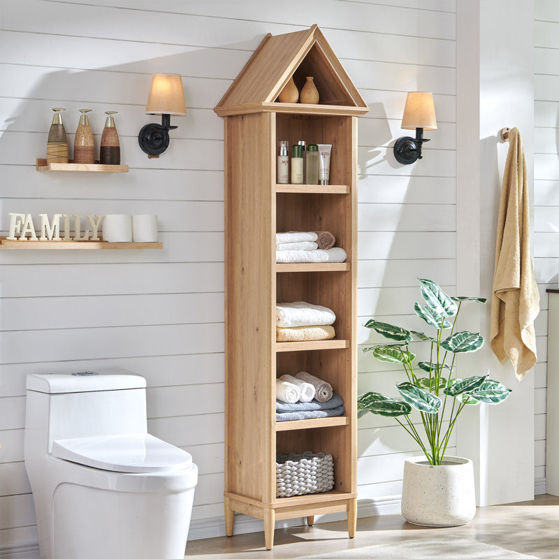 Angled Arch Bathroom Cabinet, 5 Tiers Geometric Cabinet with Storage, Modern Triangular Top Angled Arch with Adjustable Shelves, Wood Cabinet w/Open Display Shelves