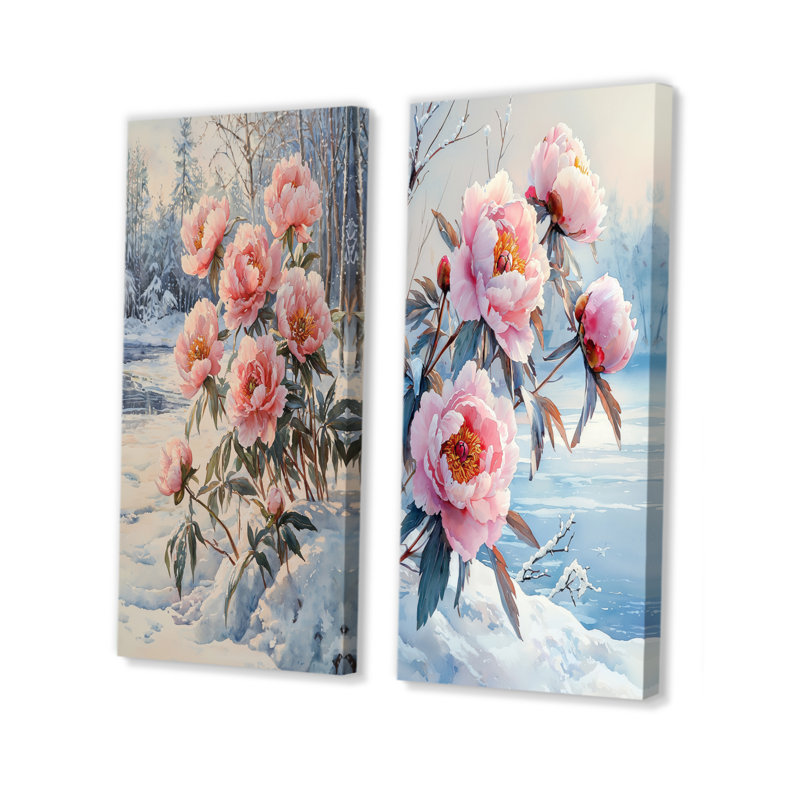 Pivoines près du lac gelé I - Collection d'art mural floral 2 pièces, H 28 po x l 25 po, Toile tendue