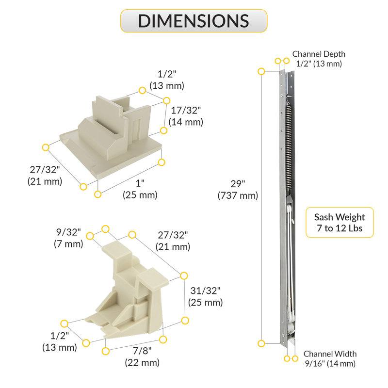 Balance à rainure pour fenêtre en C9EA727632E34A5E915325465A45F1A6, matériau en aluminium, longueur de 29 po, largeur de 9/16 po, pour un poids de 7 à 12 lb, avec guide de ceinture supérieur 60-596a et inférieur 60-595a