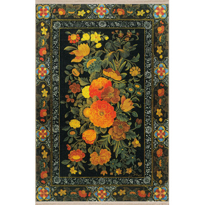 Black Themed Yellow Flower and Leaf Patterned Vintage Decorative Rug