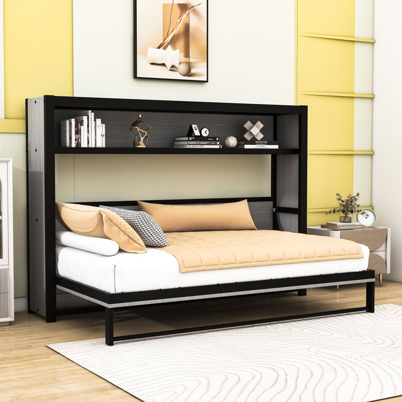 Lit escamotable simple pliable avec cadre en métal et tablette, gris
