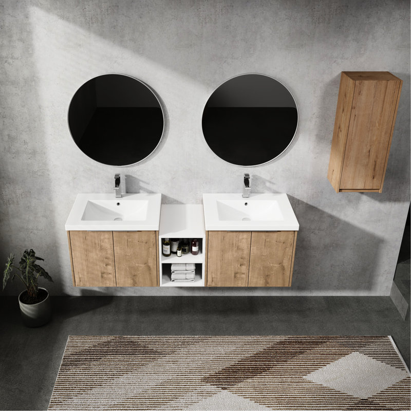 Ensemble de meuble-lavabo avec lavabo et armoire latérale. Esthétique moderne, lisse. Contreplaqué, option de rangement spacieux. Motif imitation chêne de 60 po, charnières. Contreplaqué, grande capacité. Finition