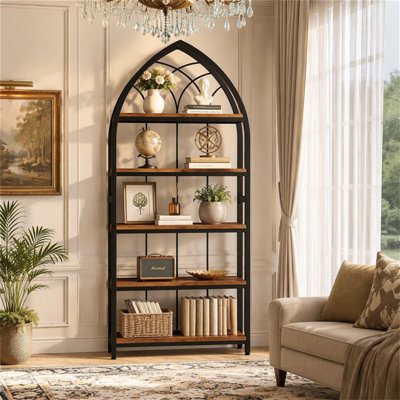 5-Tier Bookshelf, 74.8" Industrial Curved Wooden Bookcase