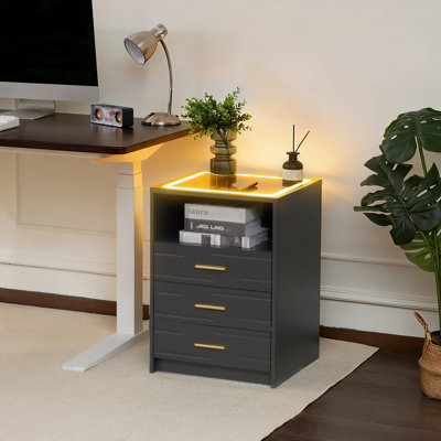 Nightstand With Charging Station And 3 Drawers, Led Lights