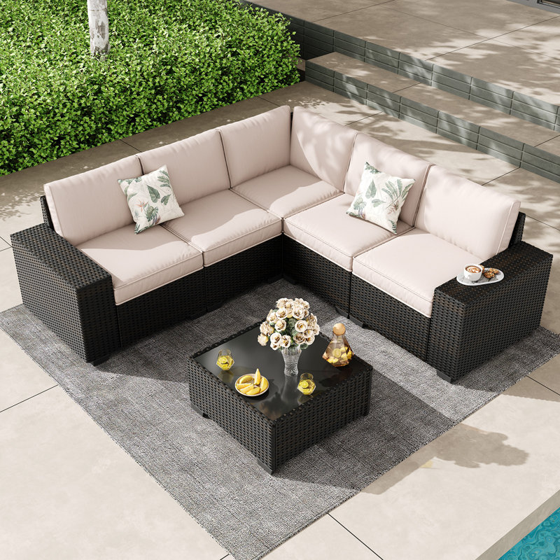 6 Pieces Outdoor Patio Furniture Set, Wicker Conversation Sets with Tea Table, Rattan Patio Sofa with Thick Cushions for Garden, Backyard Porch, Poolside