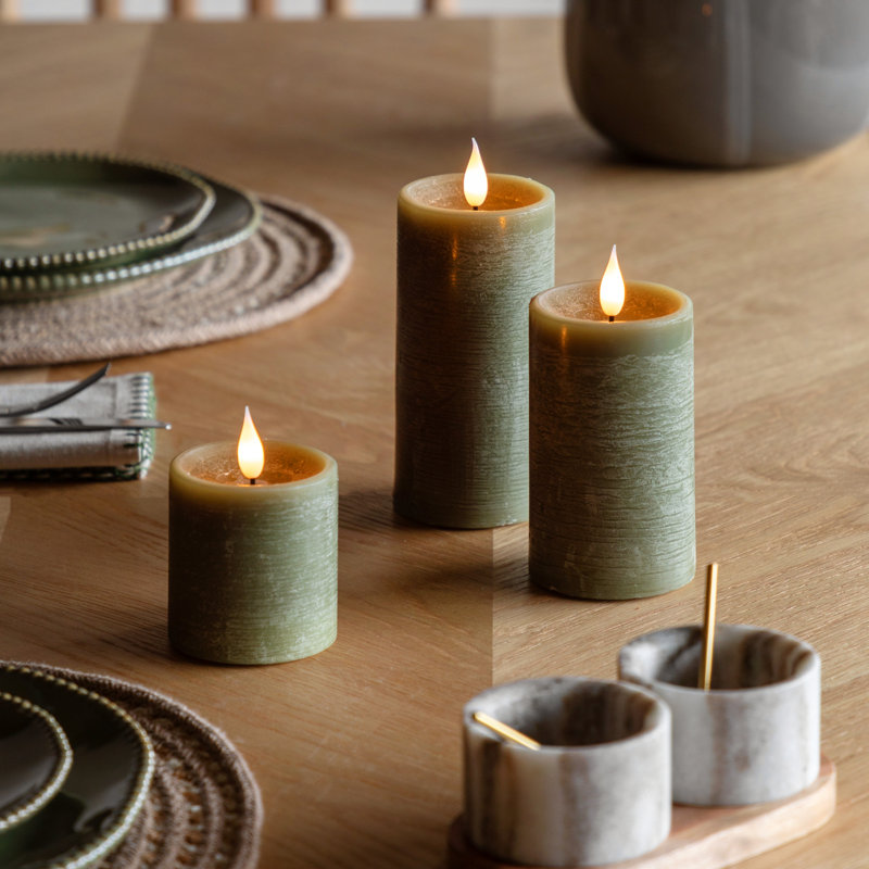 Unscented Flameless Pillar Candle with Plastic Holder, Olive