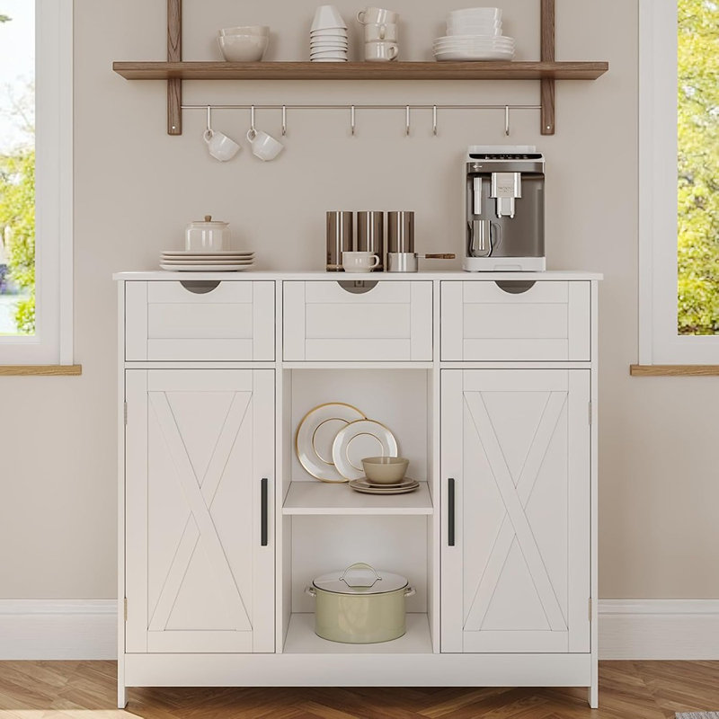 Armoire de rangement, armoire à café avec 2 tablettes réglables, 3 tiroirs et 2 portes, pour la salle de bain, la cuisine et le salon (blanc)