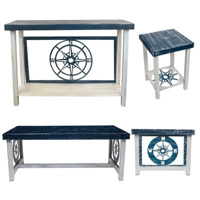 WEATHERED NAVY COMPASS TABLE SET.  1- Rectangle Sofa Table, 1- Rectangle Coffee Table, 2- Square Iron End Tables