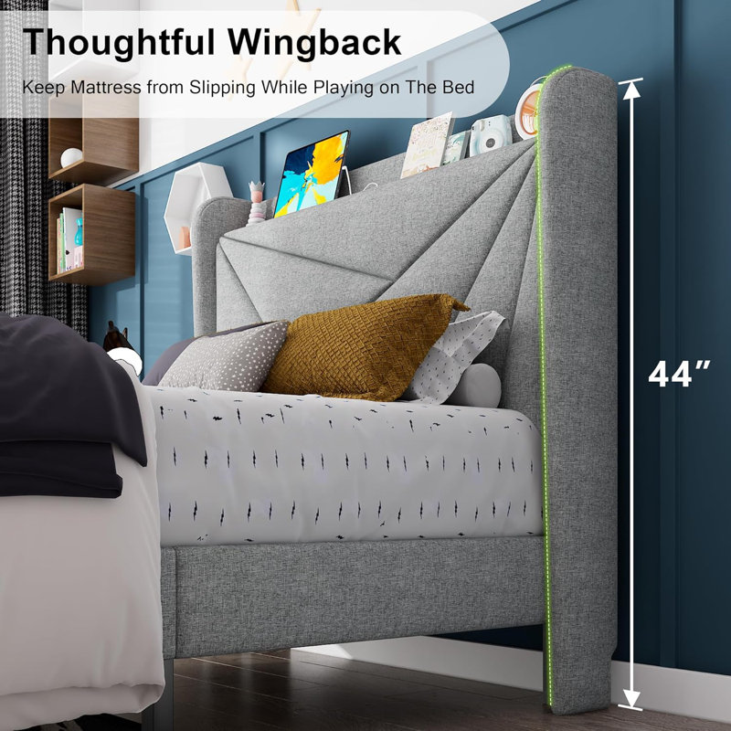 Twin Bed Frame, Upholstered Bed Frame with Charging Station