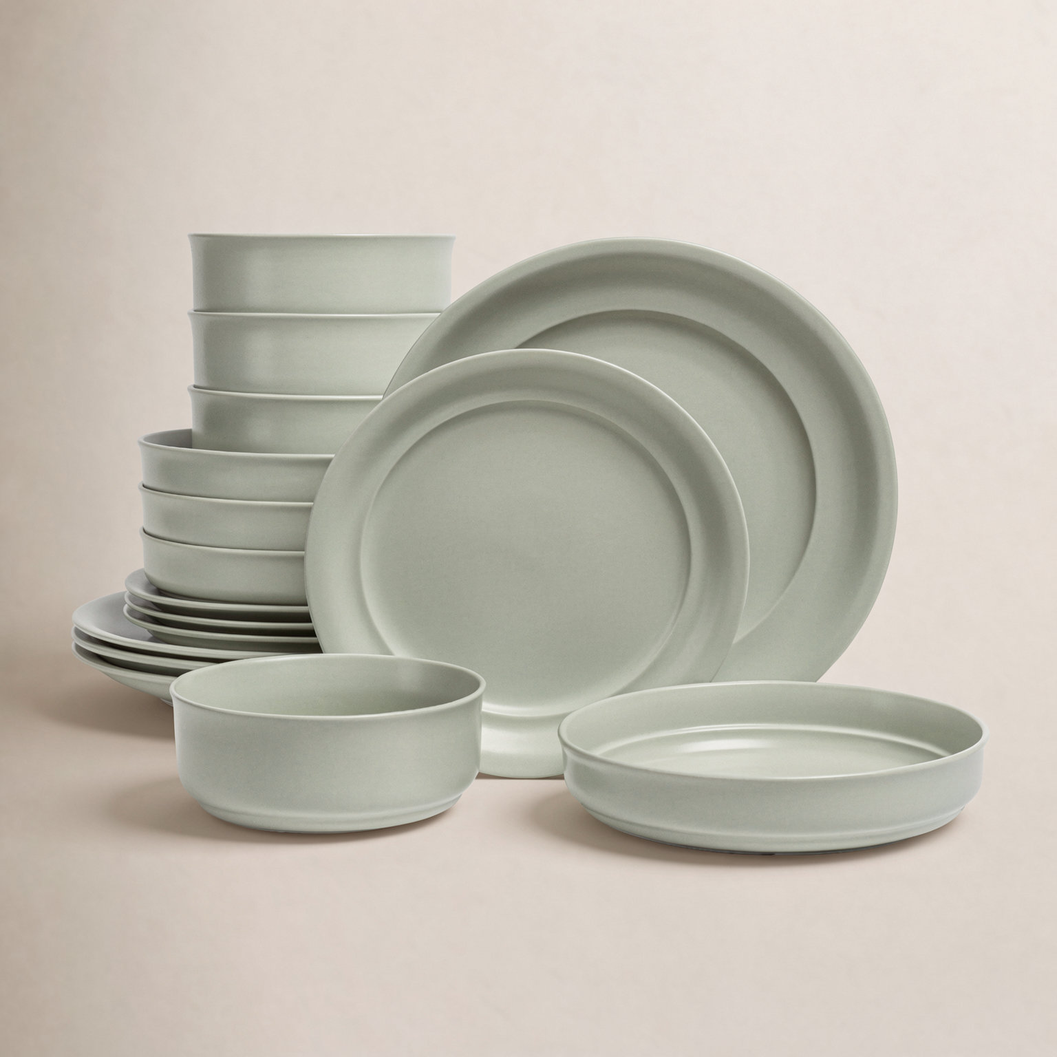 over&back Rimmed 16-Piece Semi Hand-Finished Stoneware Dinnerware Set, Service for 4, Sage