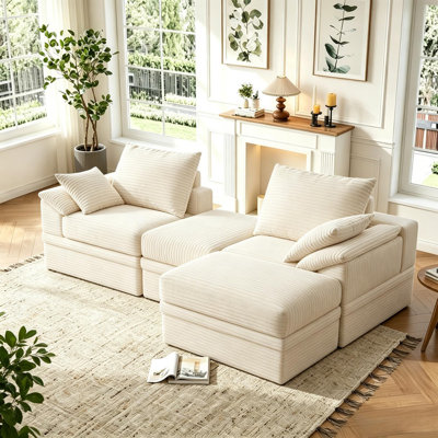 Black 2-Seat Ribbed Upholstered Sofa with Two Ottomans