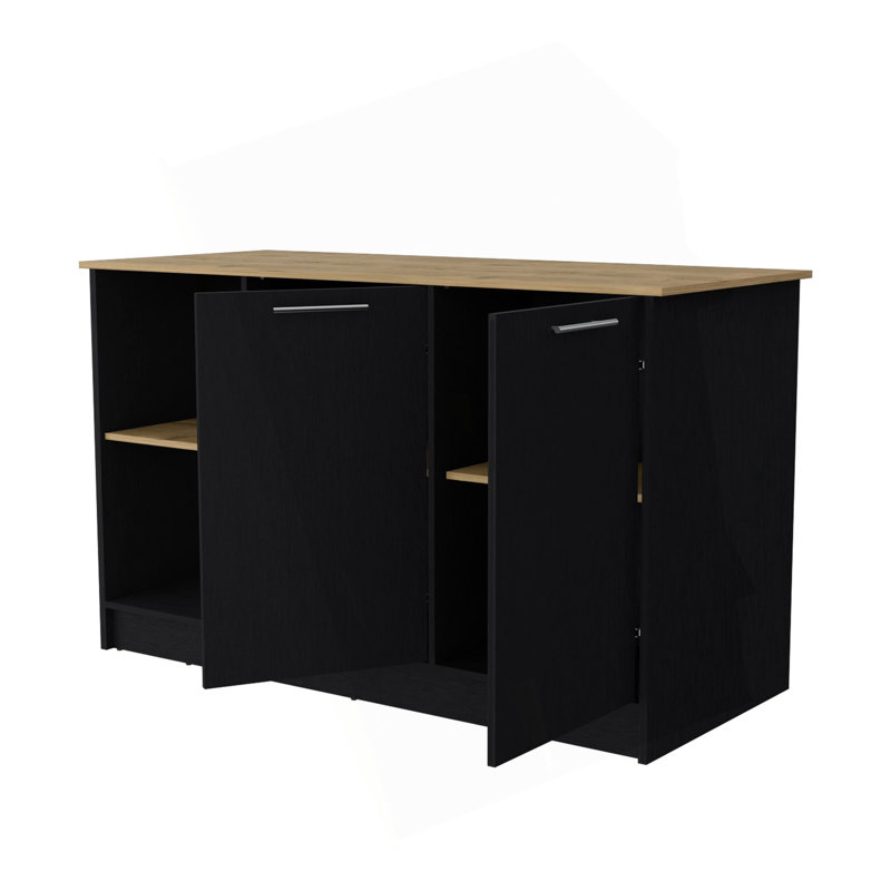 Mercury Kitchen Island With Spacious Countertop, Double Door Cabinets, And 2 Open Storage Shelves, Black