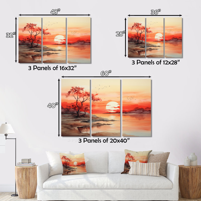 «Peach Brown Sunrise Splendor» sur toile, reproduction de 3 pièces, H 40 po x l 60 po x P 1 po