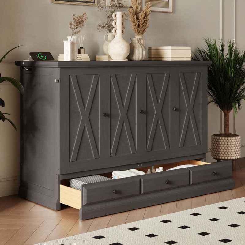 Commode lit escamotable en bois de pin massif avec station de charge et grand tiroir de rangement, Gris, Double