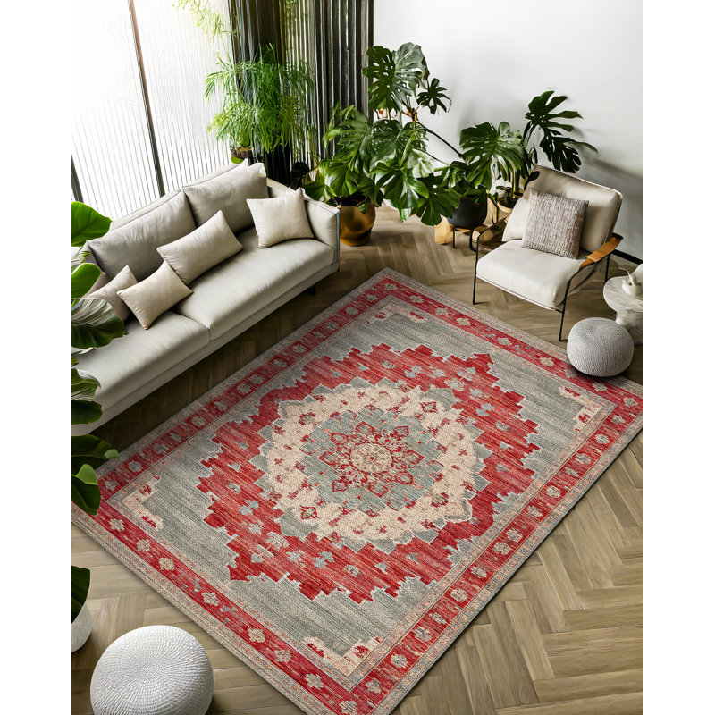 Notto Red Oriental Machine Printed Cotton Polyester Area Rug, Rectangle 6'7" x 8'3"