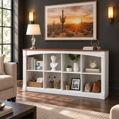 Organisateur de rangement à 8 cubes, étagère de rangement ouverte à 2 niveaux avec moulures décoratives, console de bibliothèque basse horizontale, étagère de rangement multifonctionnelle autoportante