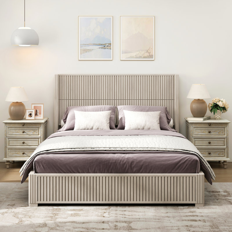 Structure de lit plateforme en bois massif avec tête de lit, lit sur pied, assemblage facile, Grand lit, Beige