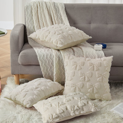 Faux Fur Pillow Covers 4-Pack, Bow Design Square & Lumbar Set 18x18/20x12, Beige