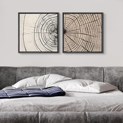 Gris, brun clair, spirale abstraite, double panneau, bois, fissures, textures, art moderne, détente minimale, calme, ensemble de 2 reproductions sur toile flottante