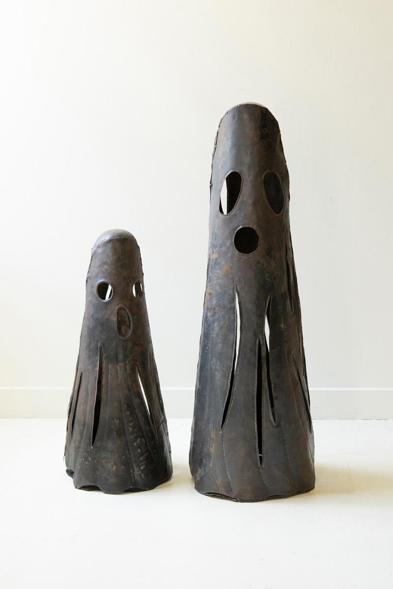  Rustic Iron Ghost Luminaries Set Of 2 – Assorted Height Decorative Halloween Candle Holders In Distressed Iron Material – 37"Tall