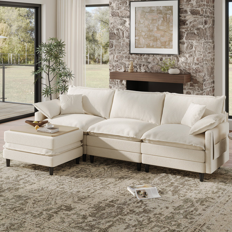 108'' Comfy  L Shaped Sectional Modular Cloud Sofa with Ottoman, Tool-free Easy Assembly Corduroy Couch, Beige