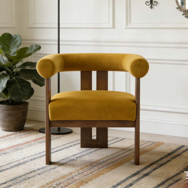 Chaise d'appoint moderne rembourrée avec accoudoirs ronds, Jaune moutarde