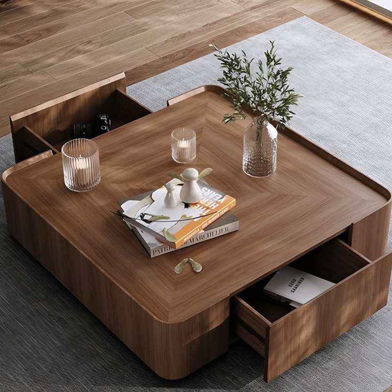 Table basse de luxe en bois avec tiroir caché, table centrale carrée facile à installer pour le salon, conception à rebords surélevés, finition noyer de qualité supérieure (table basse carrée)