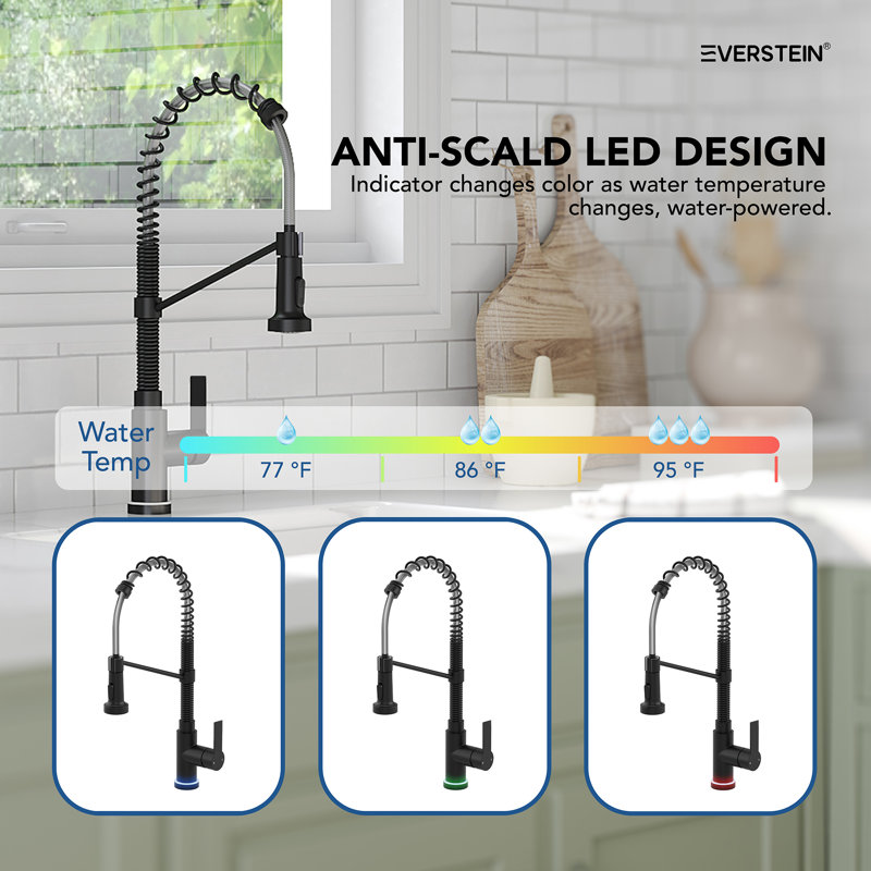 Commercial Style 2-Function Single Handle Pull Down Kitchen Faucet with LED Base, Matte Black