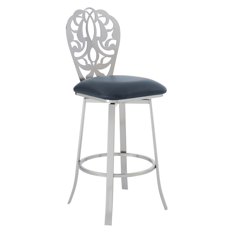 Herdon Contemporary Swivel Counter or Bar Height Bar Stool in Brushed Stainless Steel, Faux Leather, Gray