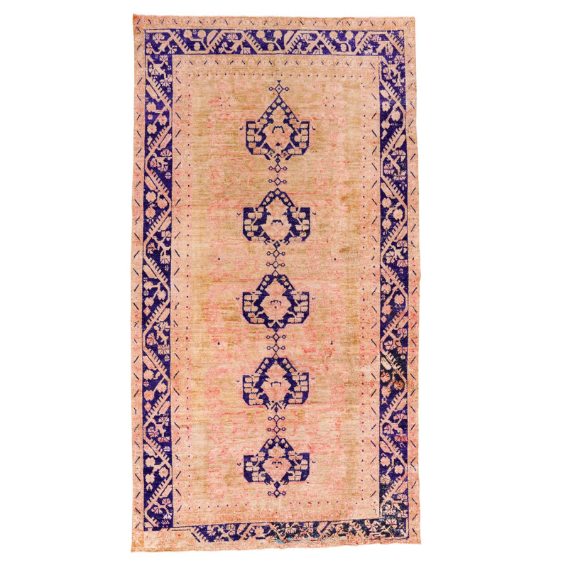 Tapis unique en laine beige / bleu marine Tribal 5 pi 10 po x 11 pi années 1970 Tribal