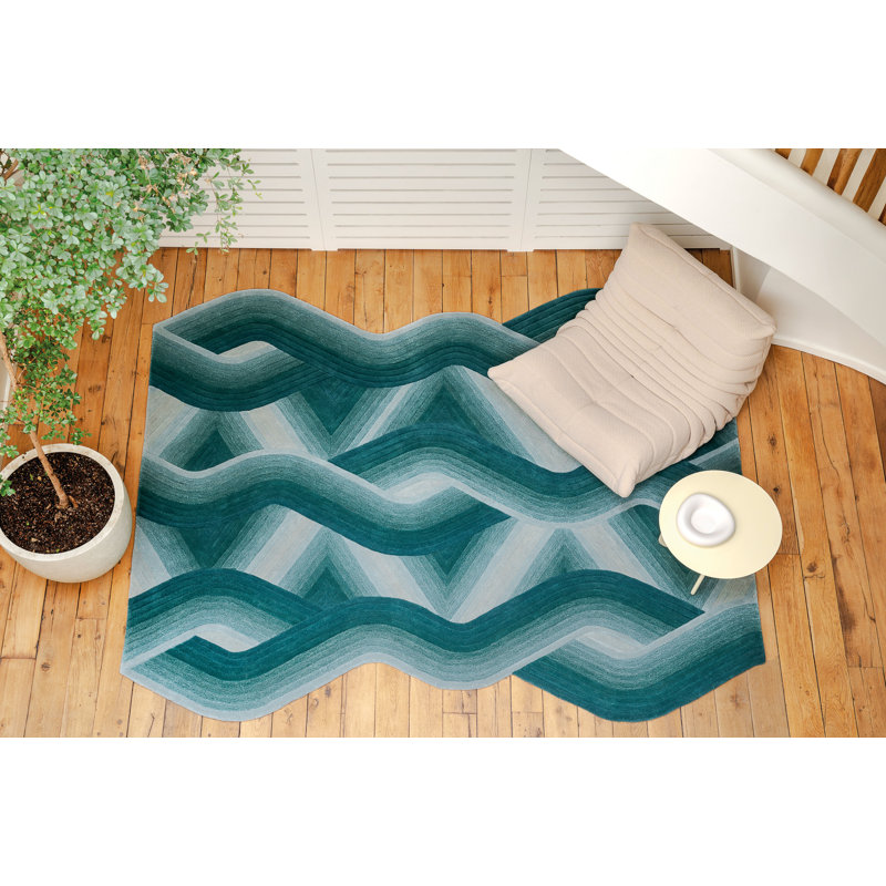Flow Hand Tufted Wool Geometric Area Rug in Aqua