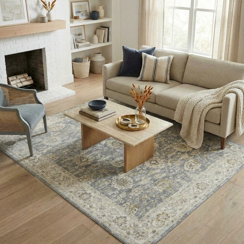 Tapis d'intérieur transitionnel bleu / ivoire Plumerra, Blue/Ivory