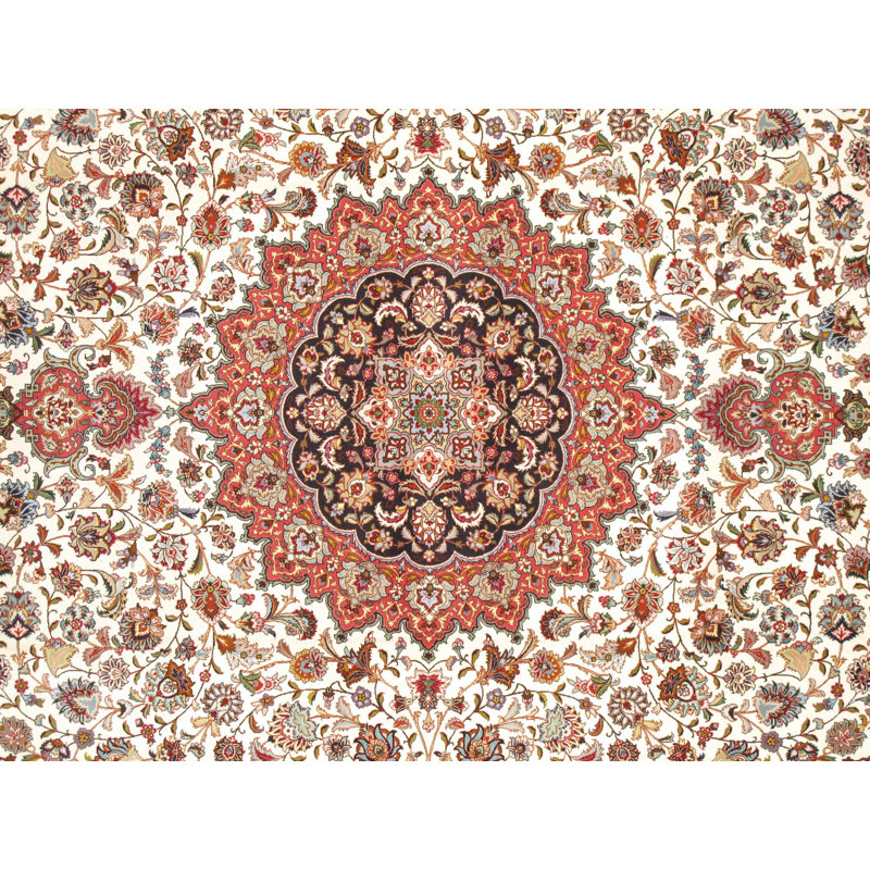 Tapis unique noué à la main ivoire / rouge / brun de 9 pi 11 po x 13 pi Tabriz