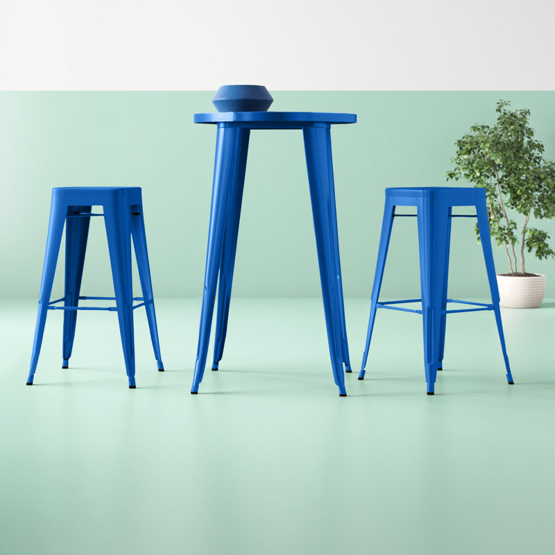 Ensemble de tables de bar rondes en métal pour l'intérieur et l'extérieur Gyala, Bleu, H 41 po x l 24 po x P 24 po