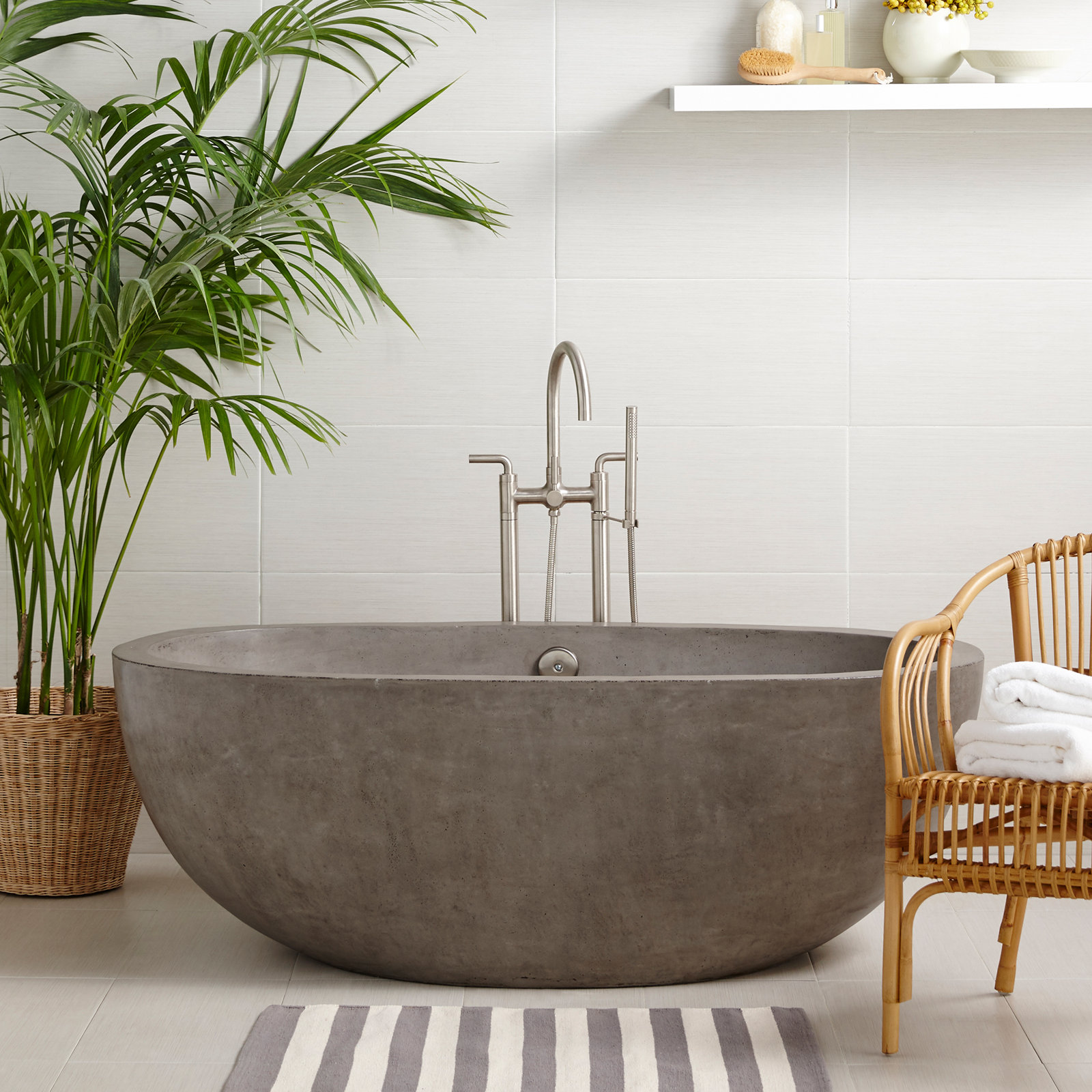 Avalon NativeStone Concrete Freestanding Oval Soaking Bathtub, Ash, 21" H x 36" W x 62" L