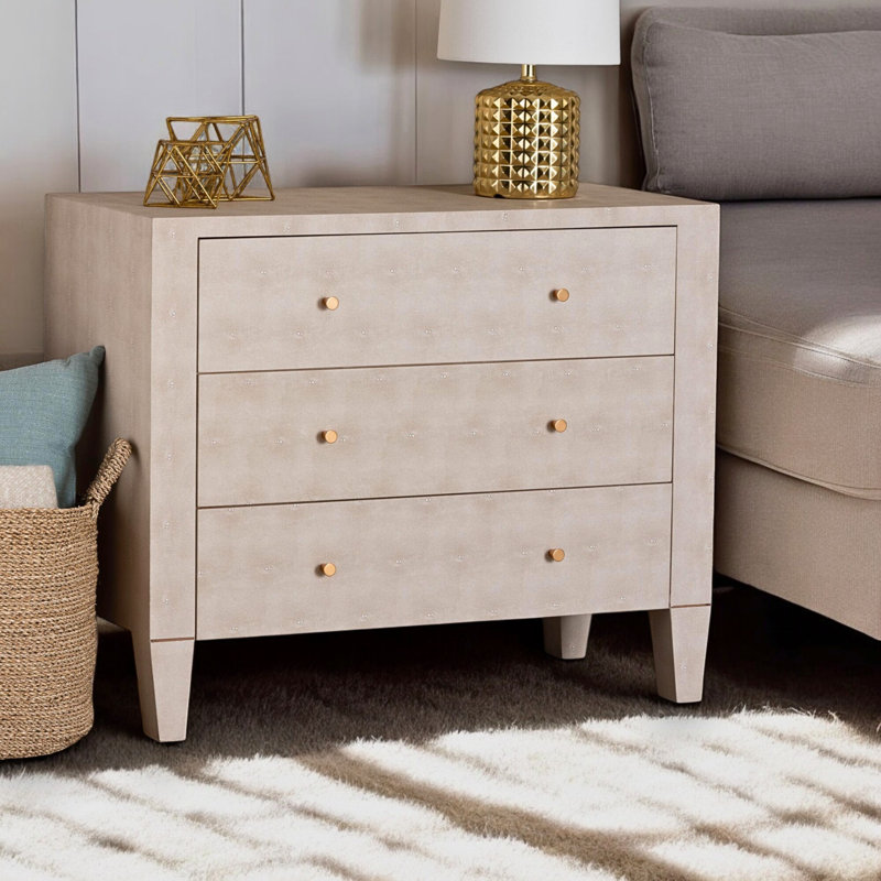 Lindar Beige Finish 3-Drawer Storage Cabinet In Faux Shagreen, 29.55" H X 35.64" W X 17.31" D
