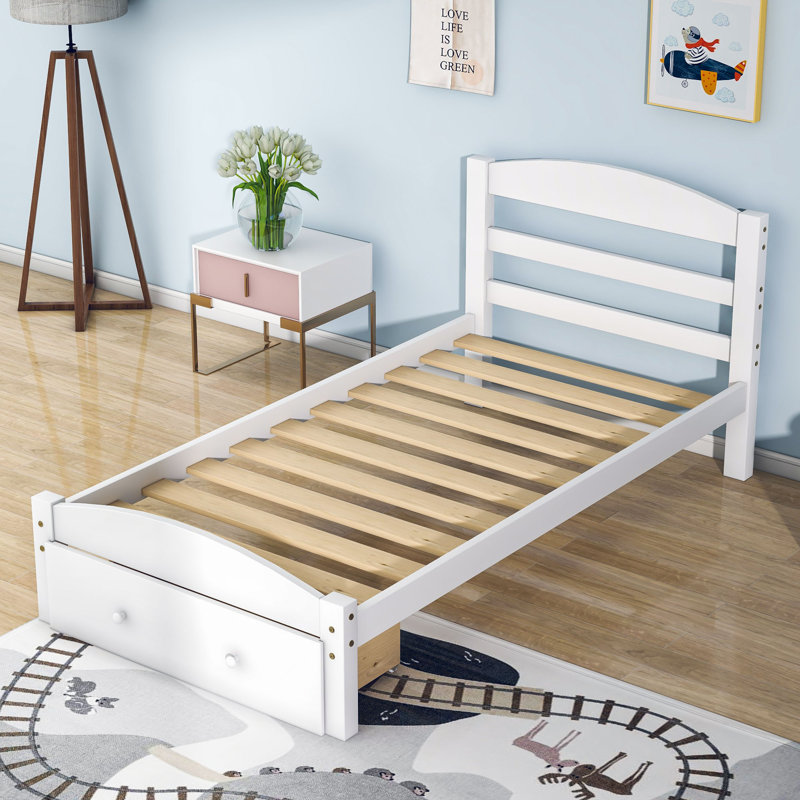 Structure de lit plateforme simple avec tiroir de rangement, Blanc