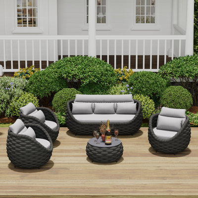 Ensemble de conversation d'extérieur à 6 personnes avec coussins et table basse ronde de 14,2 po avec carreaux à motif pour terrasse et terrasse