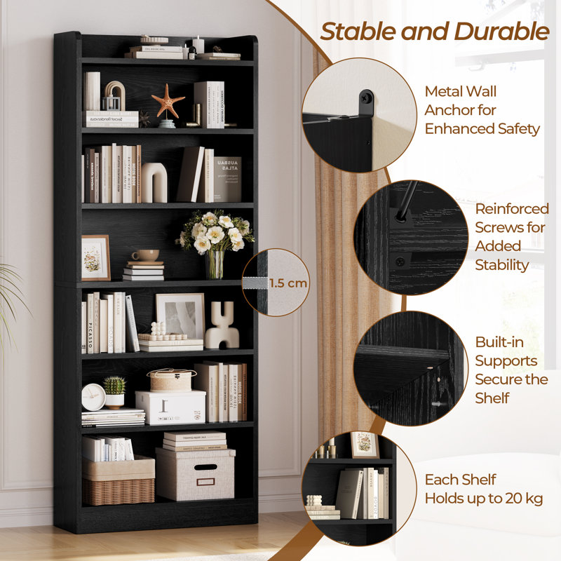 Standard Bookcase, (7 Shelves) 182.5cm H x 60cm W x 24cm D, Black