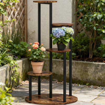 Support à plante à 5 niveaux pour l'intérieur et l'extérieur, étagère à fleurs autoportante en bois et métal avec planches rondes pour patio