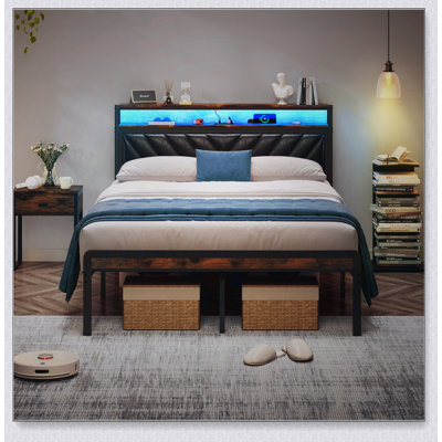 Metal Platform Bed Frame With Adjustable Upholstered Headboard, Charging Station, LED Lights, Noiseless, Black And Brown