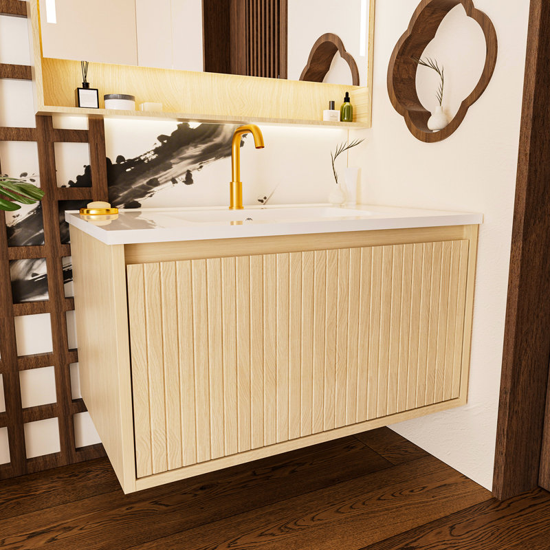 Meuble-lavabo mural flottant, 30 po, grand espace de rangement, formaldéhyde bas, assemblage rapide sans évier, chêne, rangement à grands tiroirs, -, Carb2