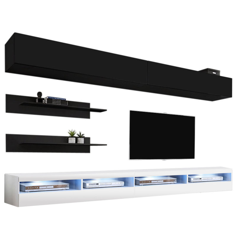 Bellago 126" Modern Floating Wall Mounted Entertainment Center with 16-Color LED Lighting, High Gloss Finish, Black/White