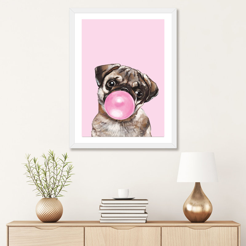 «Pug Blowing Bubble Gum in Pink» par Big Nose Work, impression, Papier encadré blanc, H 32 po x l 24 po x P 1 po