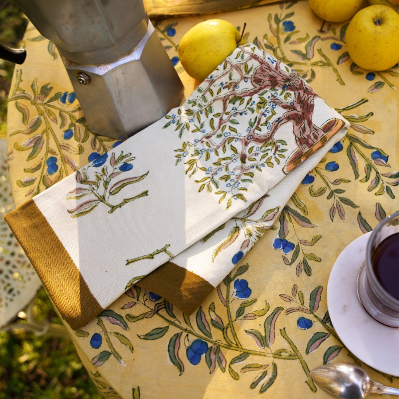 Dyess Handmade Floral Tablecloth, 90" Round, Gold-Blue